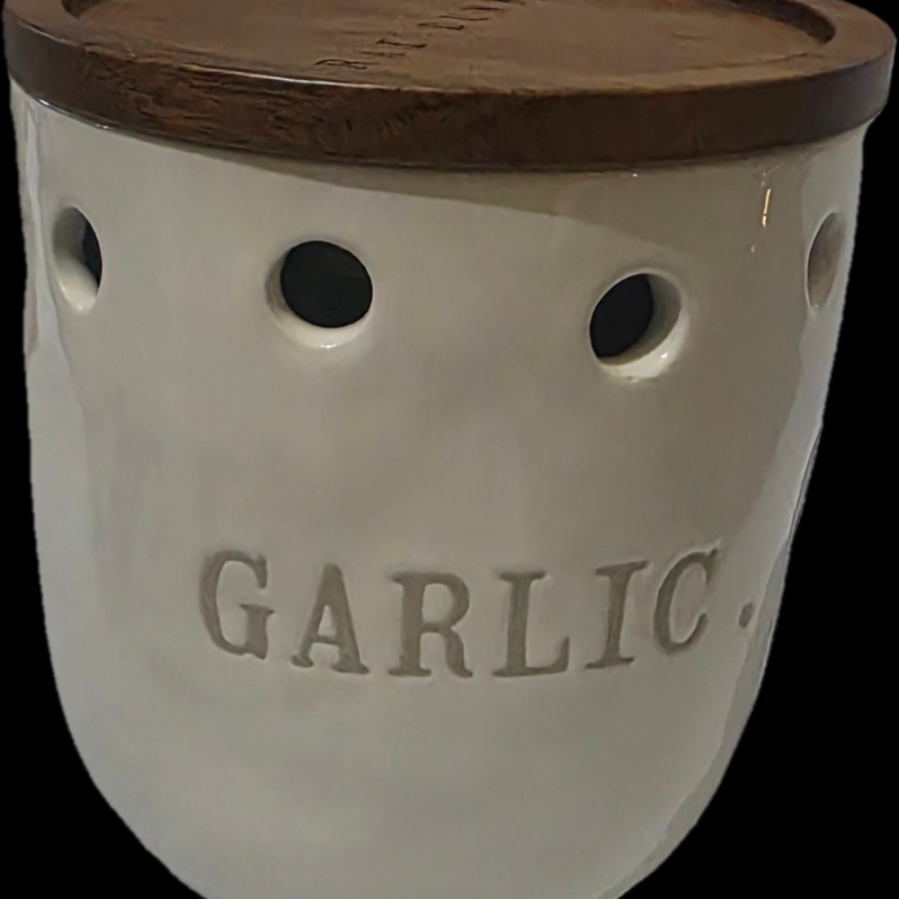 Rae Dunn Ceramic Garlic Keeper with Wooden Lid